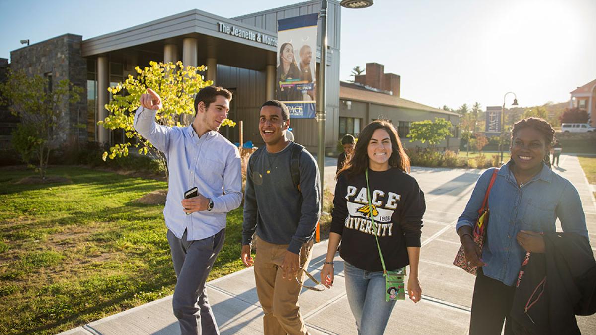 Students walking around the Pleasantville campus of Pace University