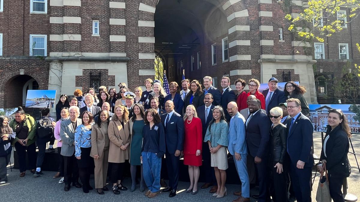 Key stakeholders, including Pace President Marvin Krislov and New York City Mayor Eric Adams at the announcement on Governors Island on Monday, April 24, 2023.
