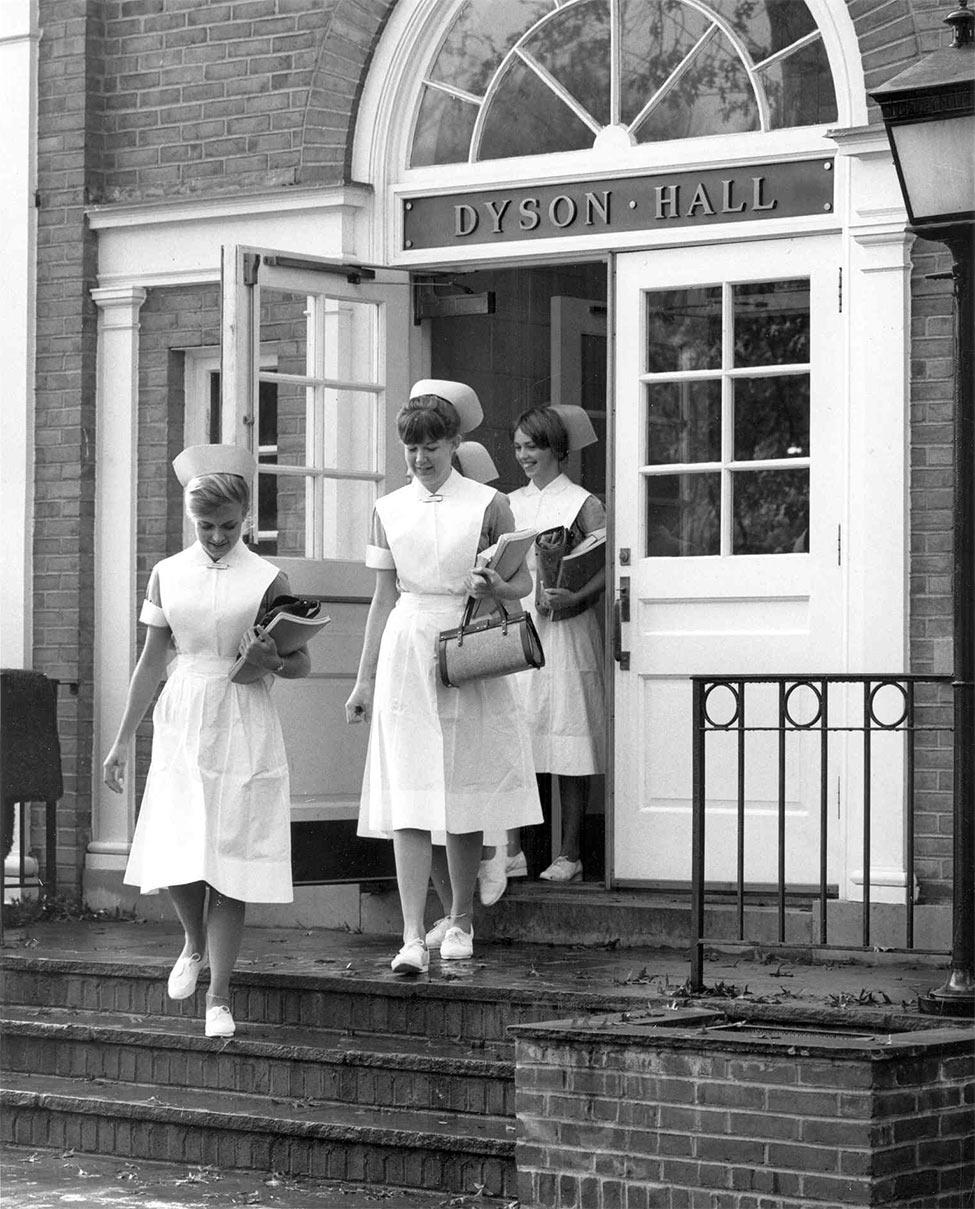 1960's Nurses exiting Dyson Hall on the Pace University campus in Pleasantville, New York.