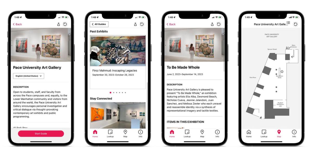 Screenshots of the Bloomberg Connects smartphone app used for audio guides in the Pace University Art Gallery