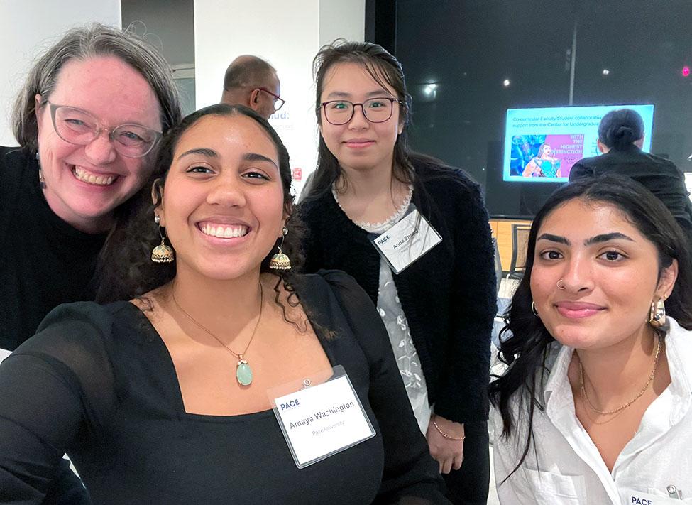 Pace University Art Gallery Director Sarah Cunningham with gallery interns Amaya Washington, Anna Zhang, and Aryana Gandhi