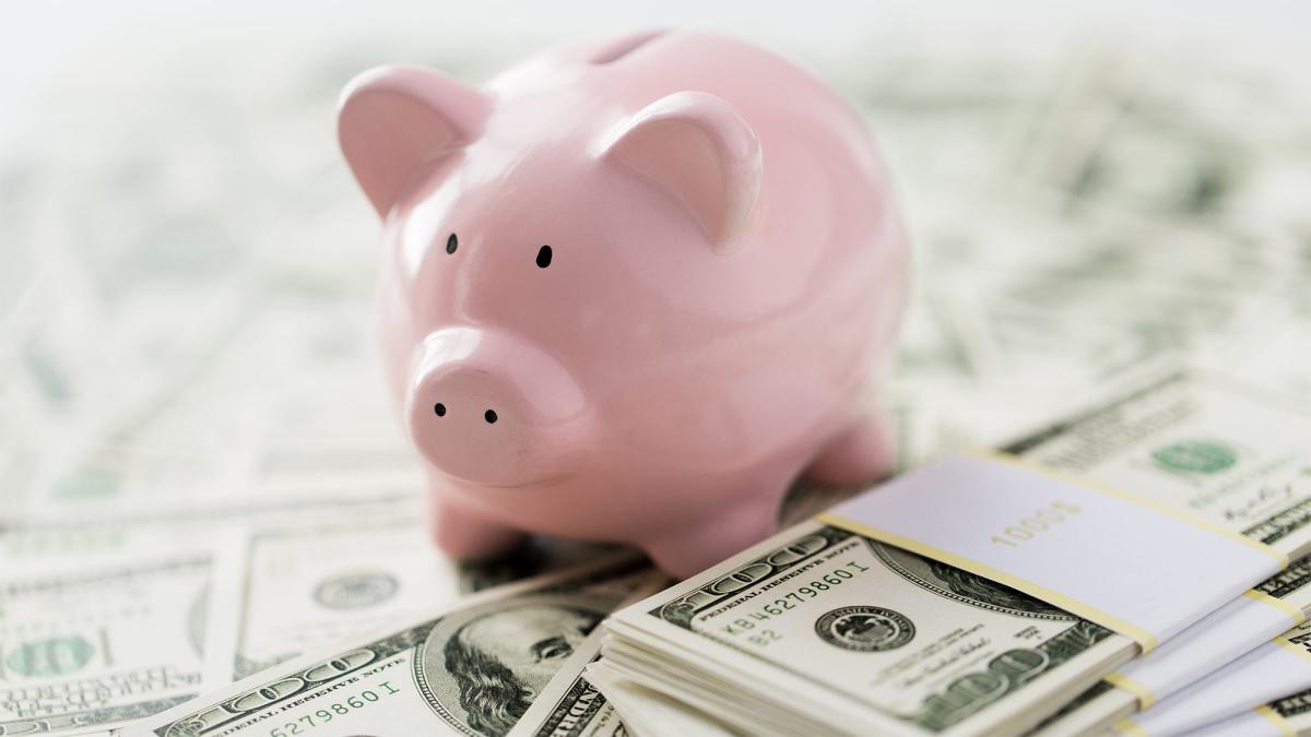 piggy bank atop a bed of $100 bills