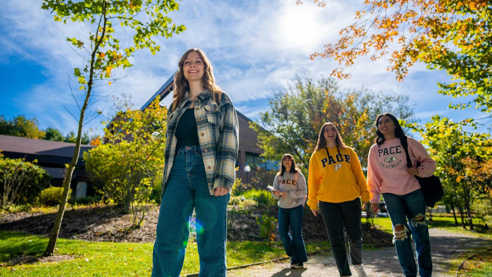 Pace students walking on Pleasantville Campus