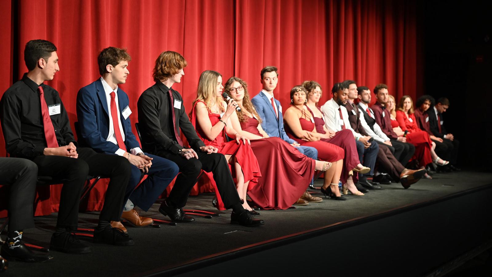 Pace University students on stage at the Jacob Burns Film Center for a Q&A at the premier of The Cooper: Crafting the Soul of the Cask