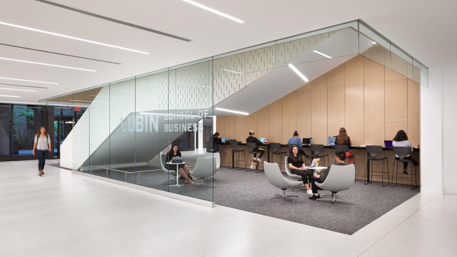 Lubin student lounge and tech bar at One Pace Plaza on the New York City Campus