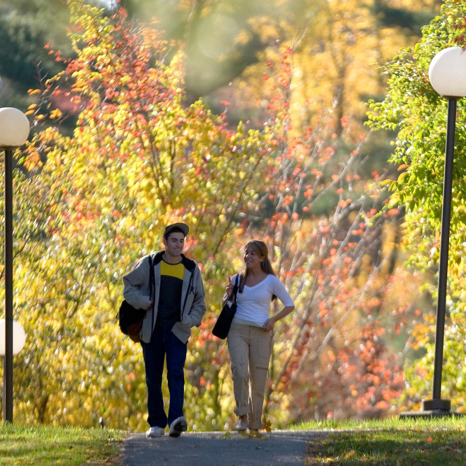 Two students walking on the Pace University Campus in Pleasantville, New York