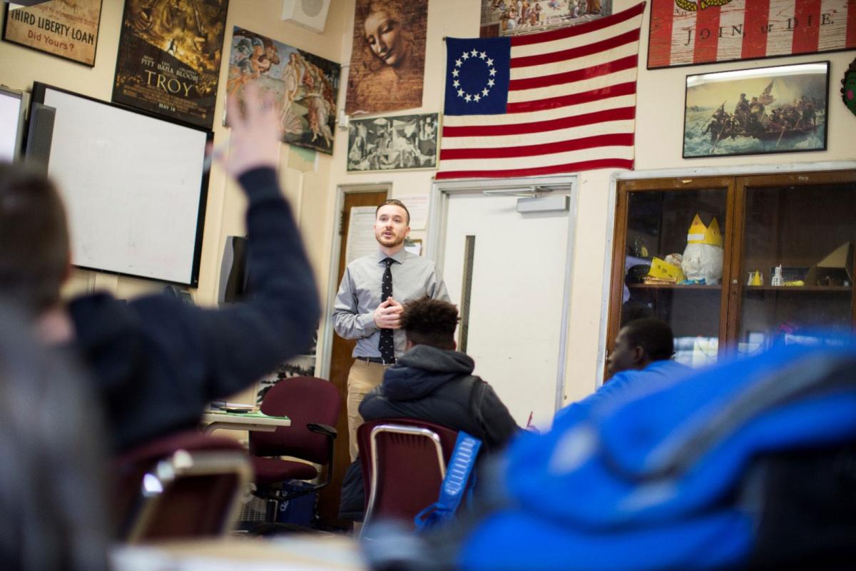 Pace student teaching a high school class.