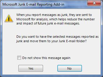 Outlook Junk email reporting dialog window