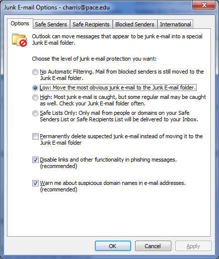 Outlook Junk Email dialog window