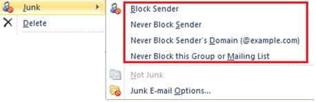 Outlook Quick Junk Email dialog window