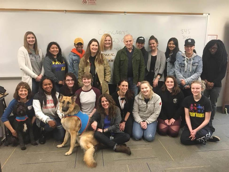 Parenting, Prison, and Pups students with Kimberly Collica-Cox and therapy german shepard dog.