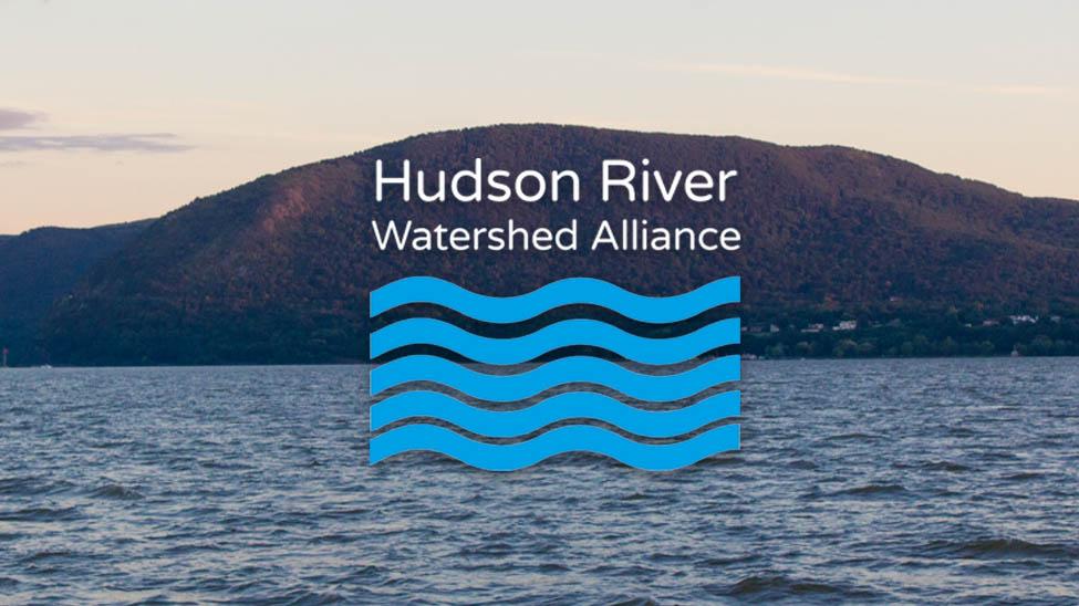 Hudson River Watershed Alliance logo over a picture of the hudson river. 