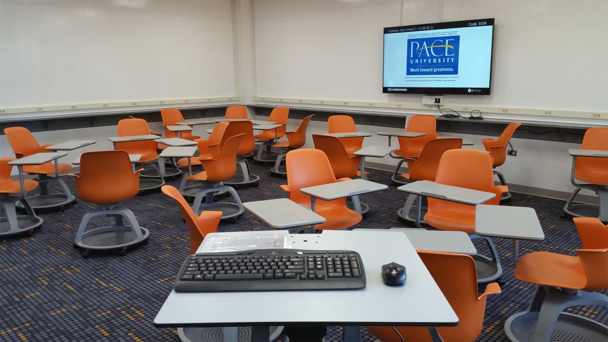 Orange smart chairs in a classroom