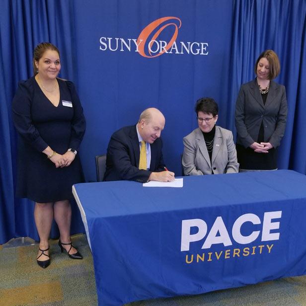 From left to right: Pace Provost Dr. Vanya Quiñones, Pace President Marvin Krislov, SUNY Orange President Dr. Kristine Young, and Dr. Erika Hackman, SUNY Orange Vice President for Academic Affairs.