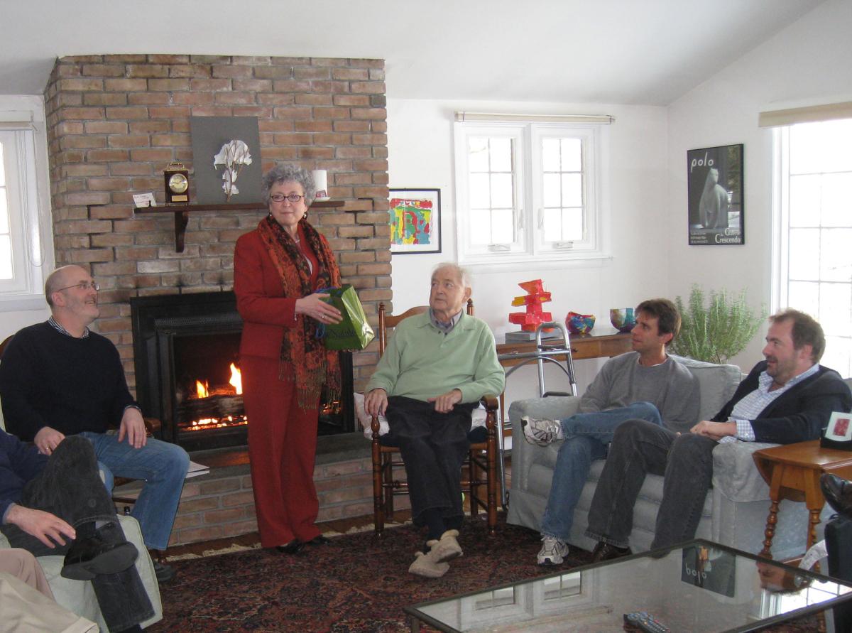 Pictured left to right: Denis McCauley, former Dean of Dyson College of Arts and Sciences Nira Herrmann, James Holmes, Howard Shanker and Paul Doty.