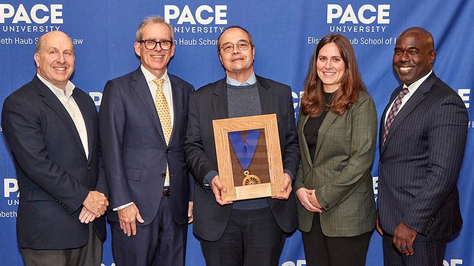 Pace University President Marvin Krislov, Christian Haub, Paulo de Bessa Antunes, 2022 Elisabeth Haub Award for Environmental Law and Diplomacy Laureate, Anna-Sophia Haub, Horace Anderson, Dean of the Elisabeth Haub School of Law at Pace University. 