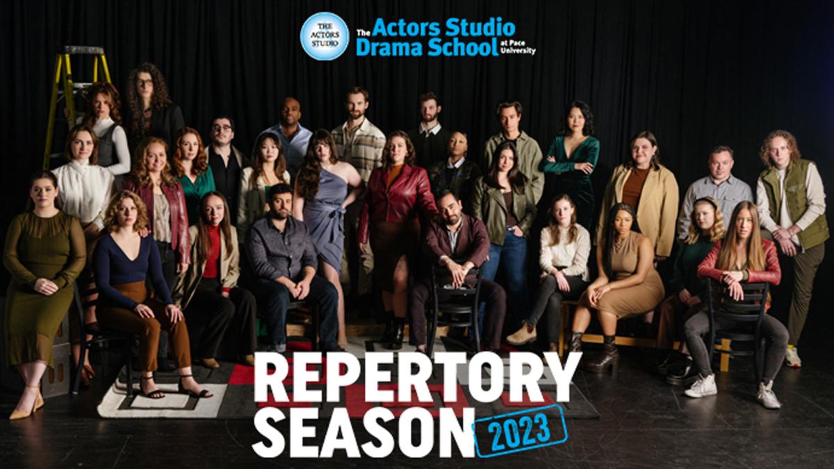 two rows of actors from Pace University's Actors Studio Drama School looking at camera in blackbox theater
