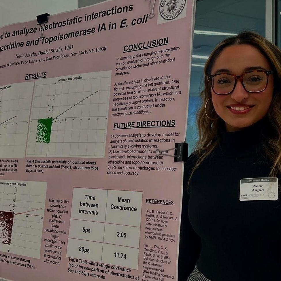 Pace University student, Noor Aayla, next to her research poster