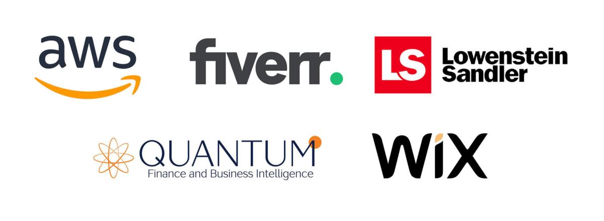 logos of Pace Entrepreneurship Lab collaborators Amazon Web Services, Fiverr, Lowenstein Sandler, Quantum, and Wix