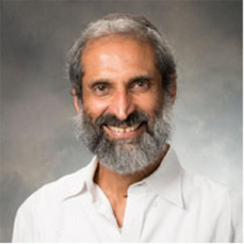 Portrait of PV Viswanath wearing a white collared shirt with a gray background