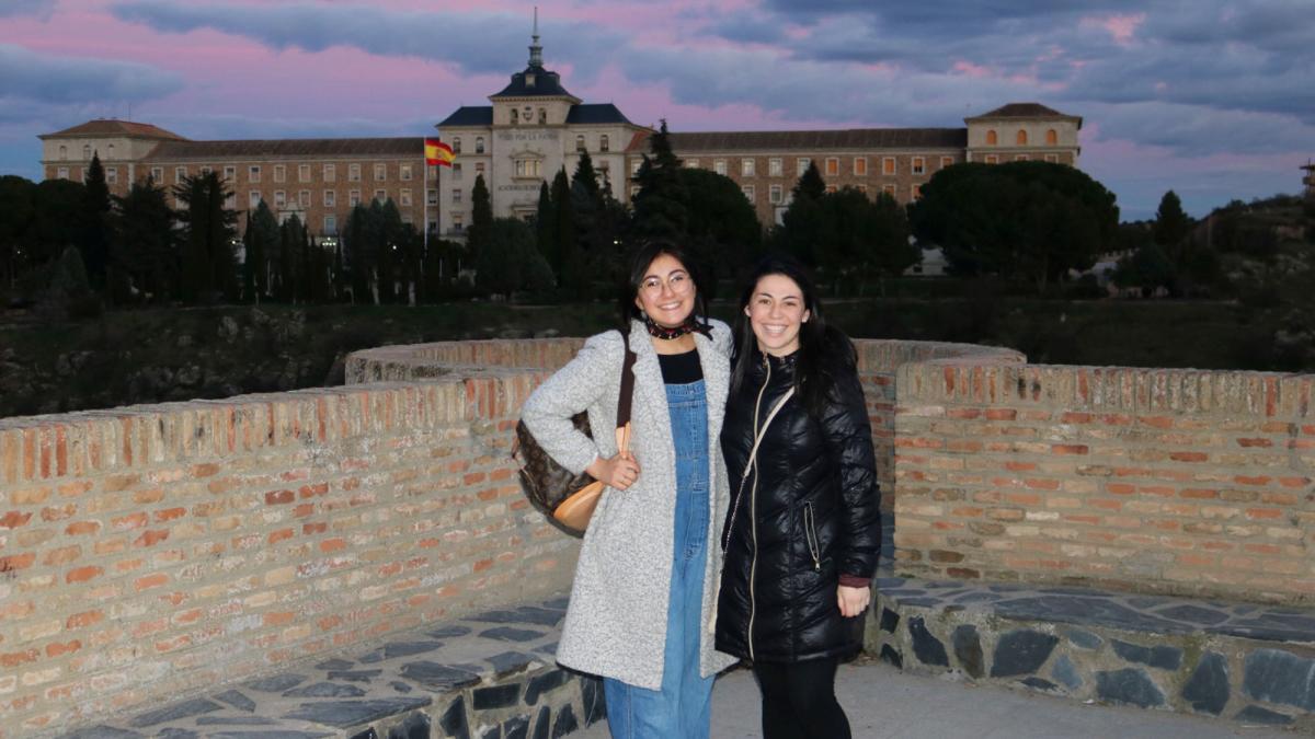 Lubin student Olivia Taylor '21and friend in a plaza in Madrid during her semester abroad in Spain
