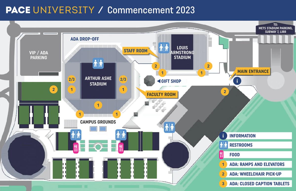 Map of the USTA grounds for the Pace University commencement.
