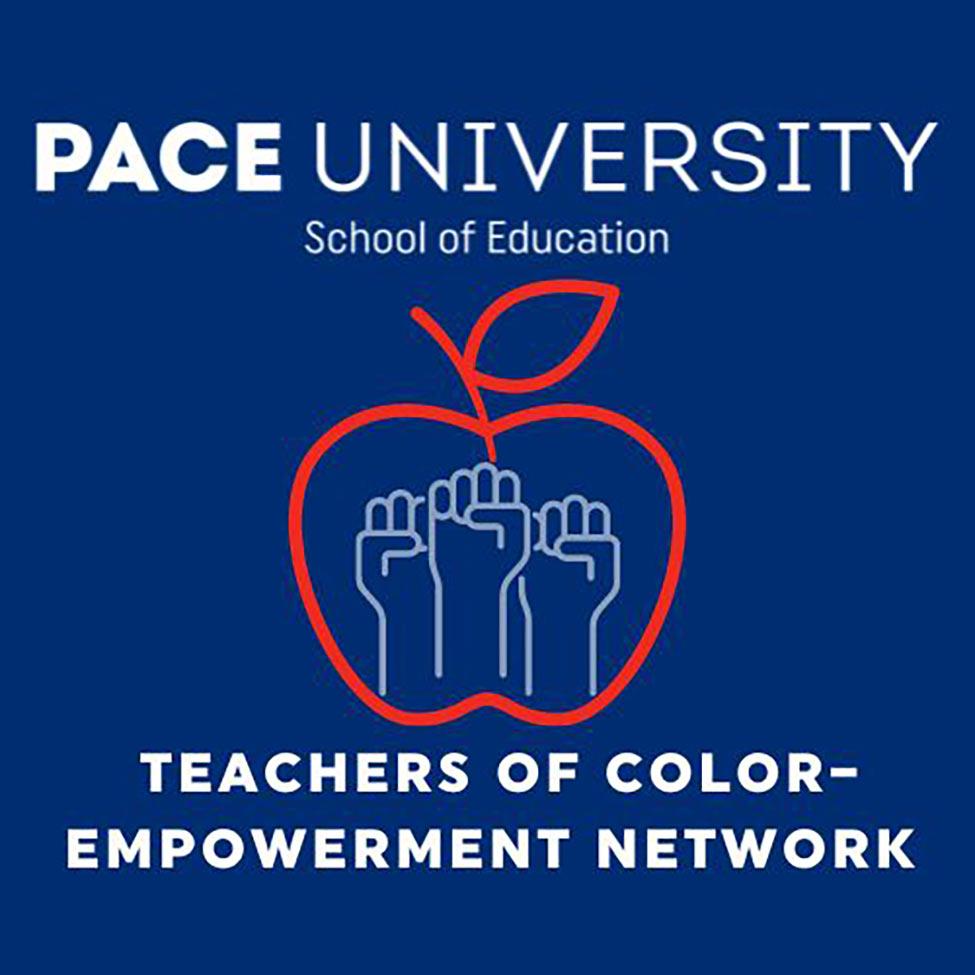 Pace University Teachers of Color Empowerment Network logo with three fist raised inside the outline of an apple.