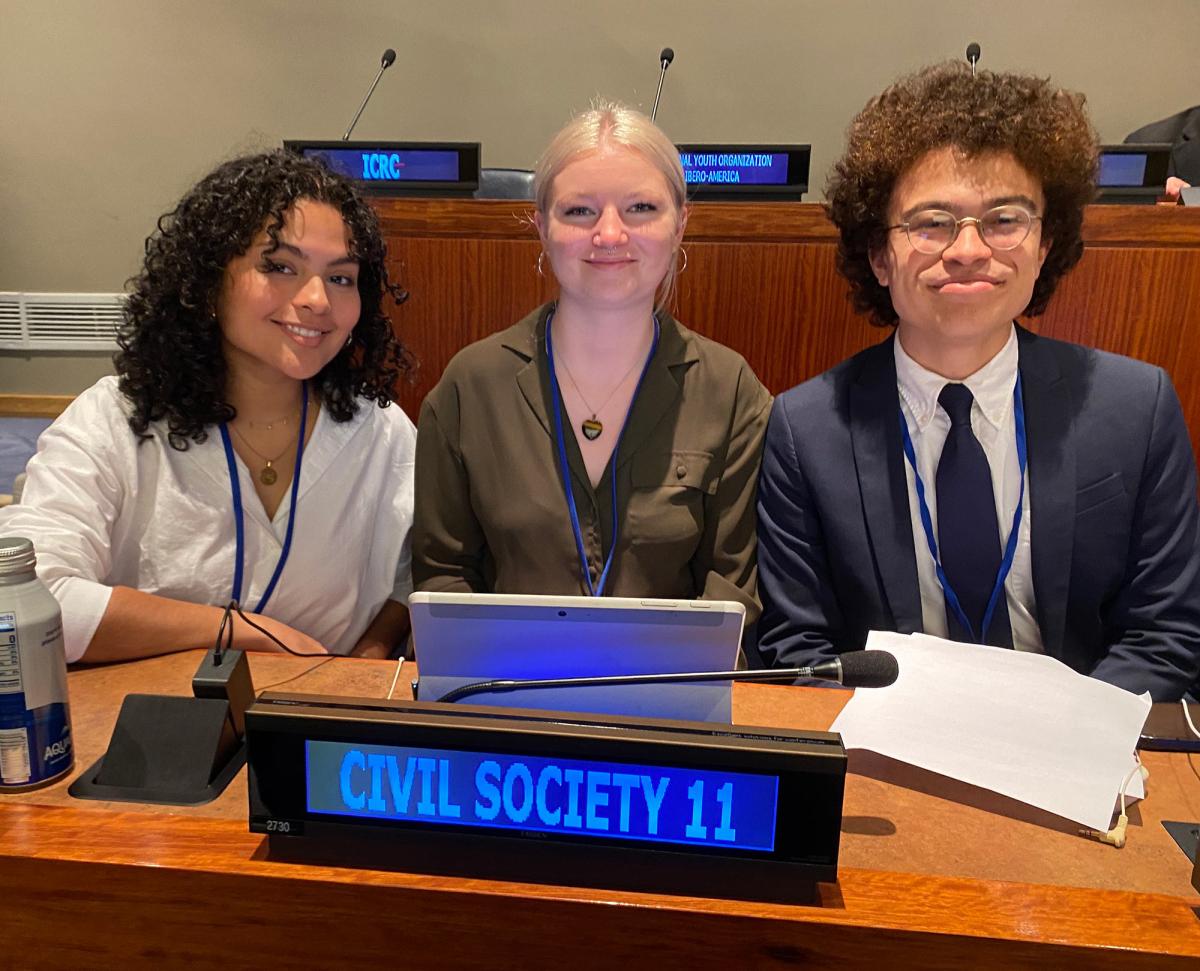 Pace University's Political Science and Peace and Justice Studies students Ellis Clay ‘25, Antje Hipkins ’24, and Jasmine Cintron Soto ’25 delivered statements to the United Nations General Assembly First Committee