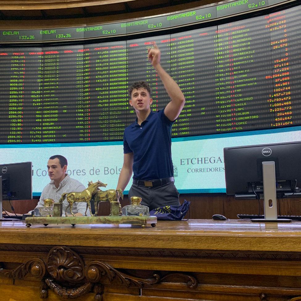 Lubin student Ruben Irizarry '19 at the Santiago Stock Exchange in Santiago, Chile during an international field study