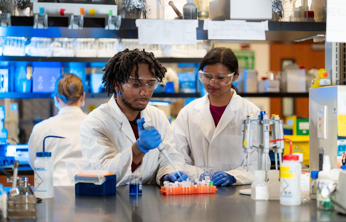 Two Pace University chemistry students use a dropper to add chemicals to flasks in the lab.