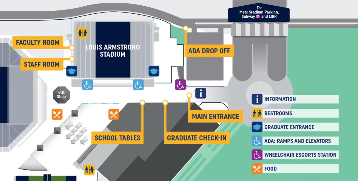 This map provides a detailed layout of USTA, highlighting key facilities and entrances for easy navigation. The map includes notations of where the faculty and staff rooms are, the ADA drop off, main entrance, graduate check-in, school tables, gift shop, information tables, restroom, graduate and guests entrances to stadium, ramps and elevators, wheelchair escorts, and good areas.