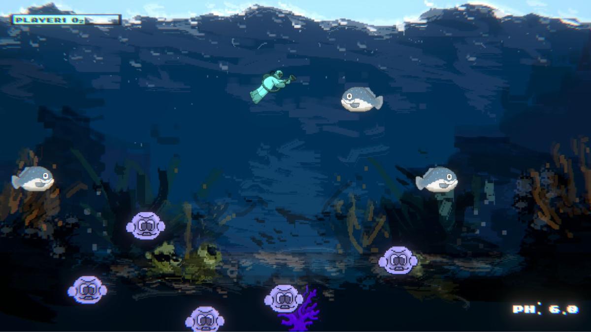 A screenshot of one of the games developed during the game jam. It depicts a diver swimming underwater, surrounded by colorful fish.