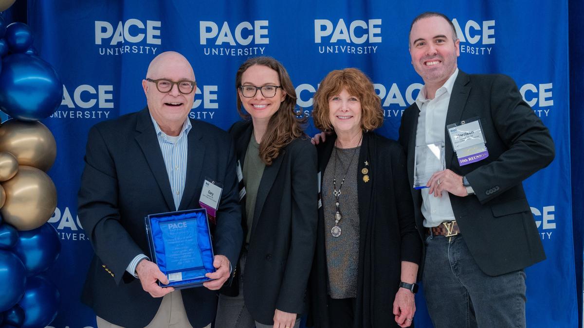 From left to right: Harry D. Mayo III ’61 ’78 Distinguished Service Award winner Gary Laermer '80; Pace University Alumni Association Leadership Council Vice Chair Kelly Herbert '06; Lubin School of Business Alumni Association Co-Char Susan B. Lubalin '89; Emerging Alumni Leader Award winner Harrison C. Davies ’13