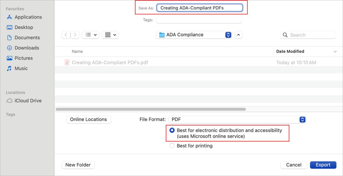 Save As screen of Microsoft Word that shows how to properly save a file as an accessible PDF