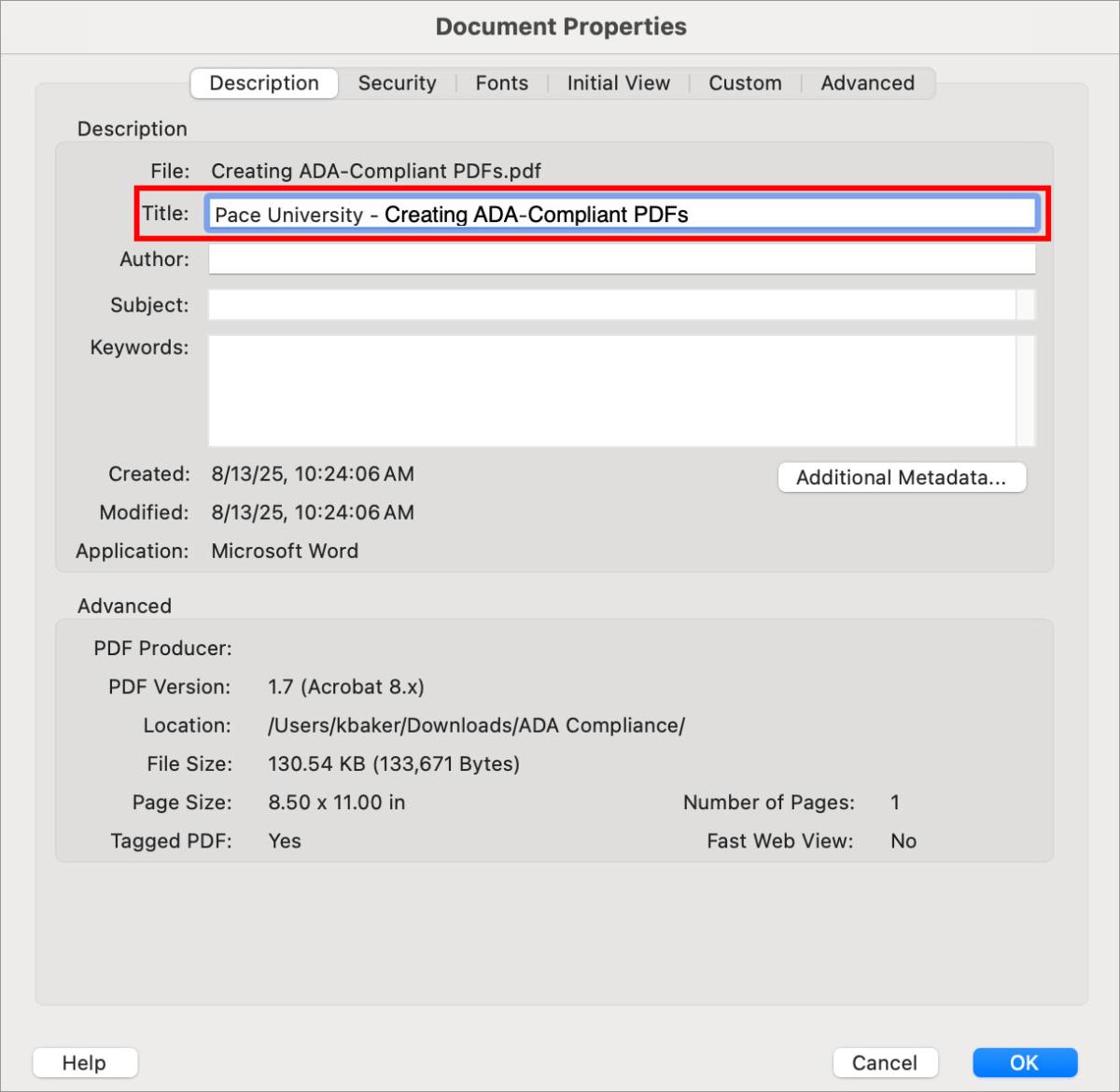 Document Properties screen of Adobe Acrobat with a box drawn around the title field to show where to add the Document Title in Document Properties.
