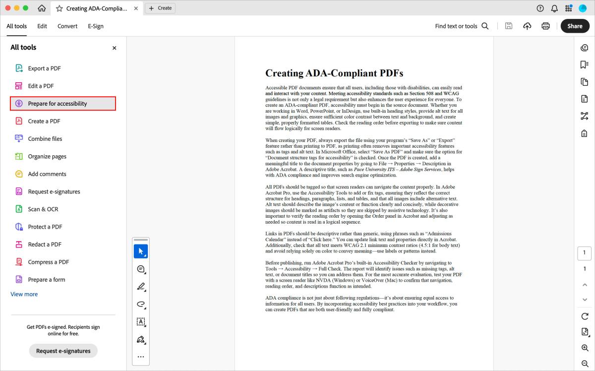 Screenshot of an open PDF file in Adobe Acrobat that indicates where the "Prepare for Accessibility" tab is located.