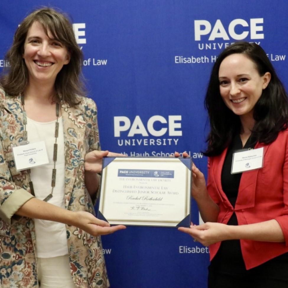 Elisabeth Haub School of Law at Pace University Professor Margot Pollans presenting the Distinguished Junior Scholar Award to Professor Rachel Rothschild