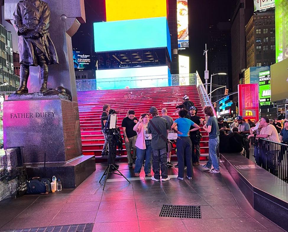 Pace students on set in Times Square.