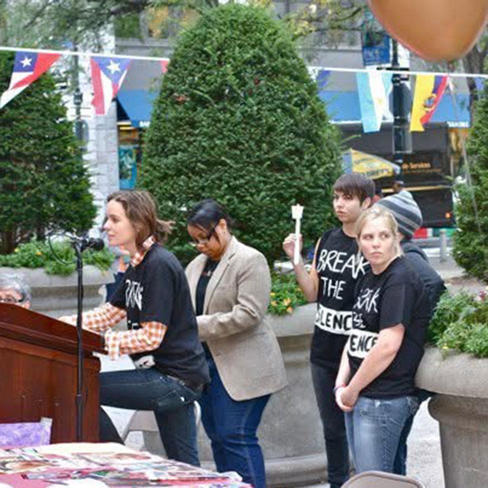 Kelly Herbert '06 speaking at the Breaking the Silence fair outside of One Pace Plaza; October 2010.