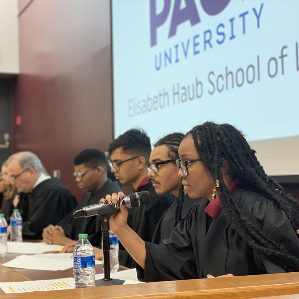 Elisabbeth Haub School of Law at Pace University students participating in mock trial in pipeline program