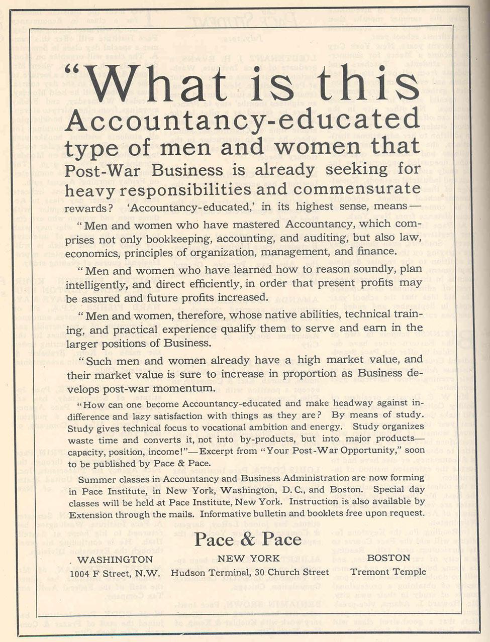 An ad for the Pace Institute from the 1920s seeking accountancy-educated men and women.