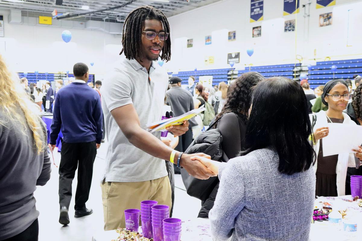 A Pace University student connects with an employer at the Spring 2026 Job and Internship Career Fair.