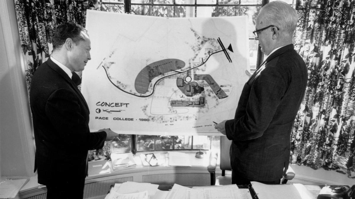 William F. McAloon, PhD, then-Dean of Pace College Westchester, surveyed plans during the early years of Pace’s Pleasantville expansion.