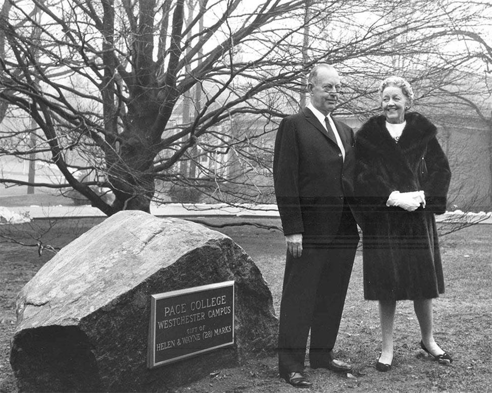 Helen and Wayne Marks in front of the Pace University Pleasantville dedication rock