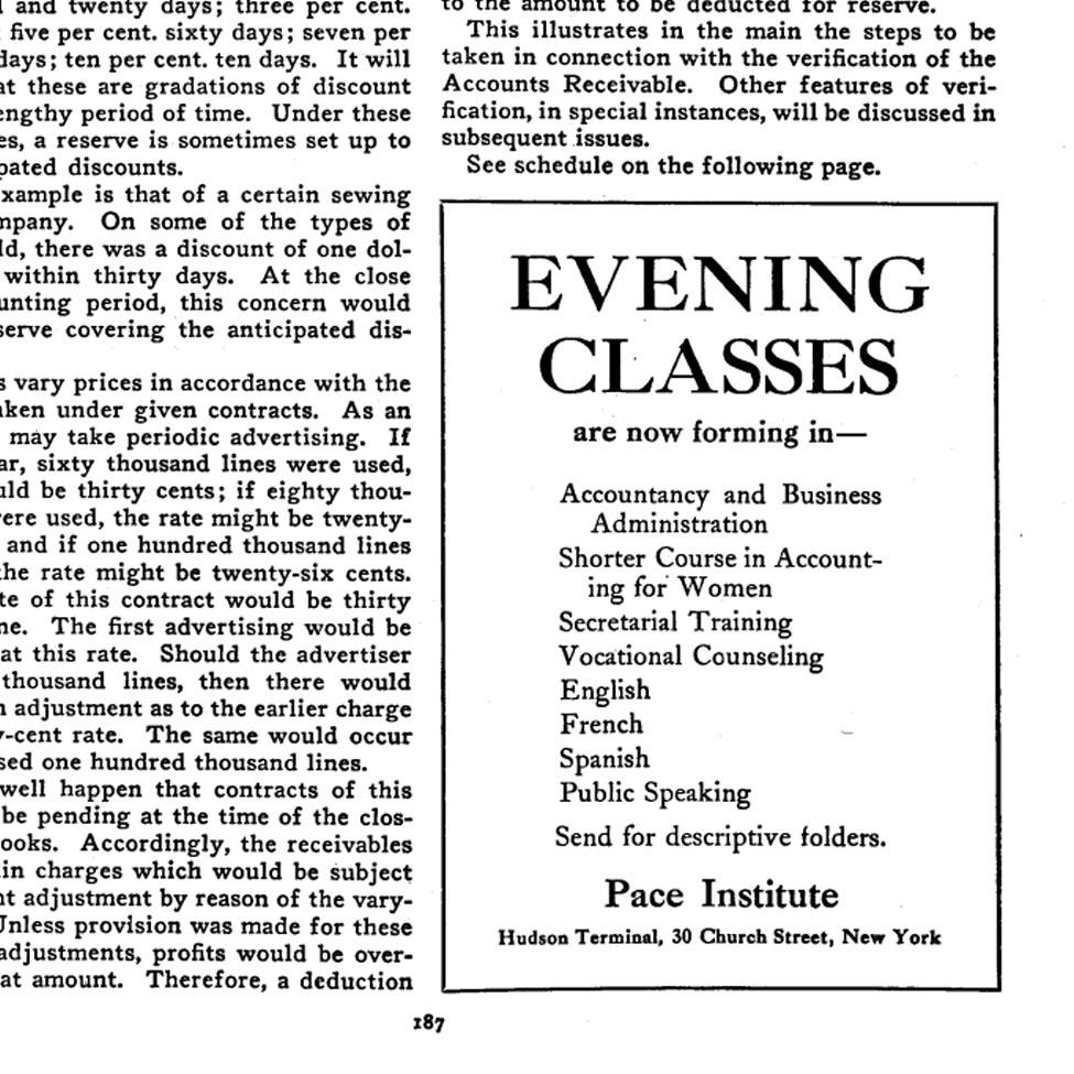 A clipping from 1018 advertising Pace College accounting classes