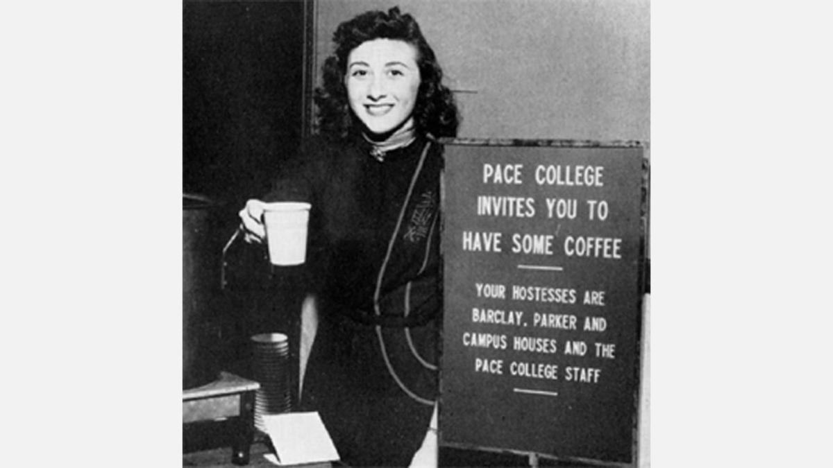 A Pace student from the 1940s stands near a sign advertising a coffee bar