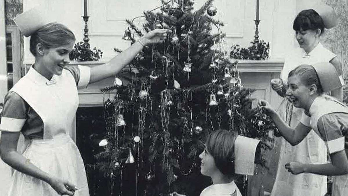 Nursing students in 1967 celebrate the holidays together on the Westchester Campus.