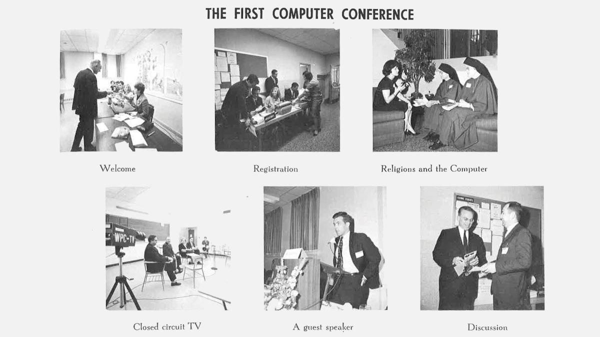 An excerpt from a Pace yearbook showing a computer conference