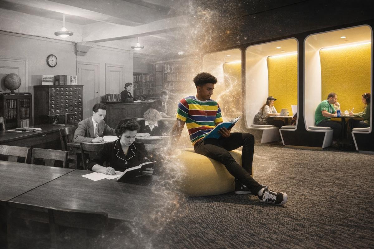 Artistic blend of a vintage 1938 photo of the Pace Library remixed with a current photo of students studying in One Pace Plaza.