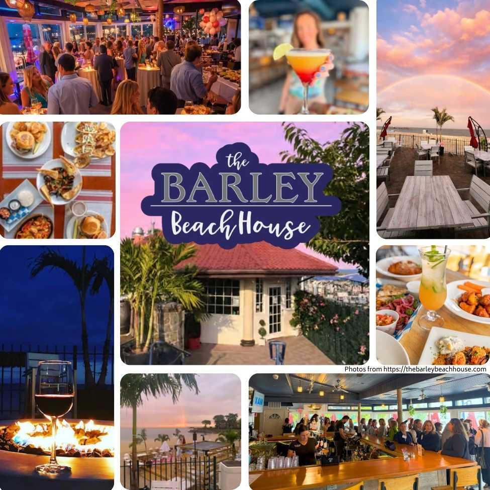 Collage of photos from Barley Beach House in Rye, New York, showing oceanfront dining, cocktails, food, and guests socializing at a lively beachside venue. Images highlight sunset views over the Long Island Sound, outdoor seating, and a vibrant bar atmosphere. Featured as the location for Pace Women’s Justice Center’s Cocktails for a Cause fundraiser.